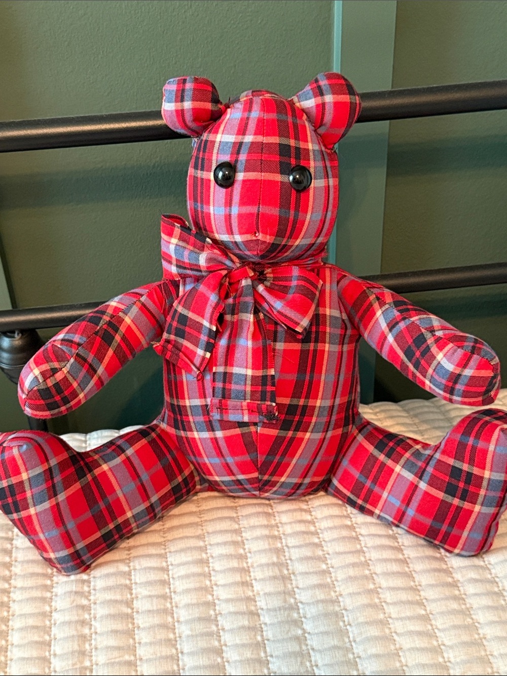 Handmade 12” Bear Crafted From Red And Blue Plaid Fabric Decorative Nursery Room